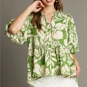 NWT UMGEE Bohemian Green Floral Pattern Puff Sleeve Top S M L